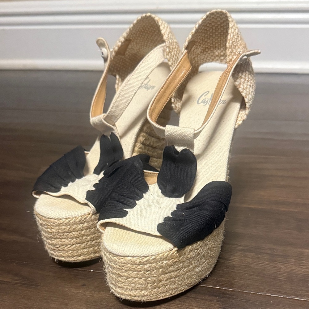Castaner Tan and Black Wedge Sandals